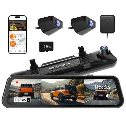 WOLFBOX G900 Tripro Bumper Version 3 4K Mirror Dash Cam with STARVIS 2 IMX678 Night Vision 5.8GHz WiFi Voice Control 256GB Card GPS Included Automotive Dashcam TikTokShopHolidayHaul, Wifi Car Dashcam, Hd Car Dvr