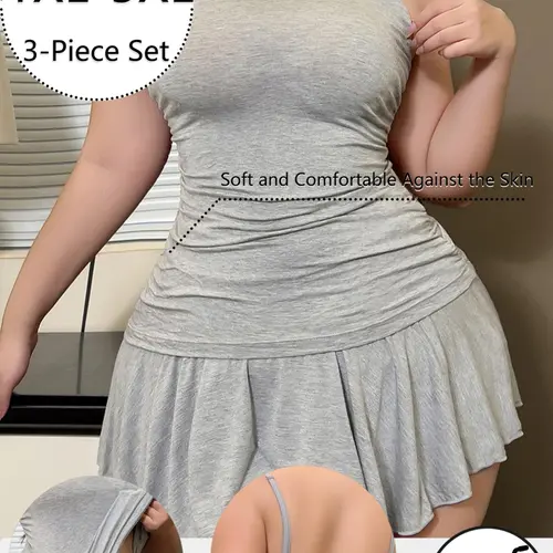 [Plus Size] Solid Color Cami Spaghetti Strap Top & Short Skirt & Thong Lingerie Sleepwear Set, Casual Comfy Soft Pyjama Set for Women, Women's Sleepwear for All Seasons, Underwear