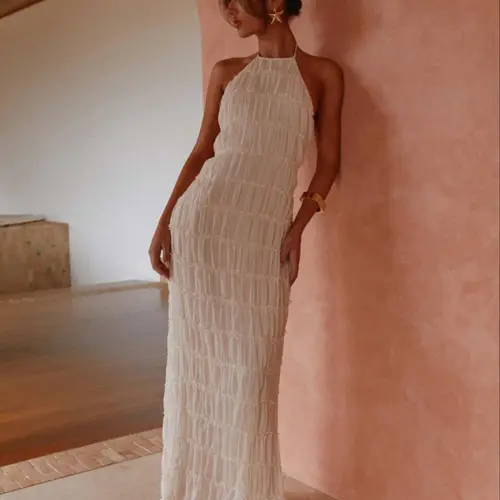Women's Elegant Backless Halter Sleeveless Knit Maxi Dress Fit, Stylish Womenswear Beach Vacation Dress for Summer, Romantic Casual Evening Wear, Elegant Evening Gown, Backless Sleeveless Dresses