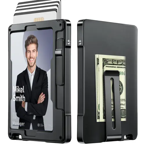 umoven Minimalist Wallet for Men, Slim Aluminum Metal Money Clip Card Holder, Pop-Up Card Case, RFID Blocking Mens Wallet with ID Window, Front Pocket Wallet for Men(Black)