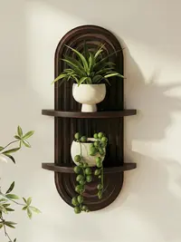 Bamworld Wooden Floating Shelves - Boho Mid Century Modern Home Decor, 2-Tier & 1-Tier Hanging Plant Shelves for Living Room, Bathroom Accessories, Aesthetic Unique Room Decor (Walnut, Natural)