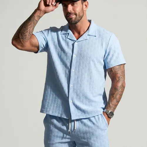 KZZ Men's Solid Textured Short Sleeve Button Front Shirt & Pocket Drawstring Waist Shorts Two-piece Set Classic Summer Outfits Clothes Set for Men - Menswear