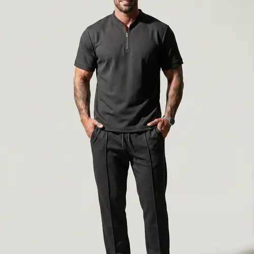 KZZ Men's 2-Piece Athleisure Outfit, Regular Fit Activewear Tracksuit with Solid Half-Zip Long Sleeve Pullover & Waffle Pants, Men's Clothing for Gym, Workout, Christmas Gift, 2-Piece Sets