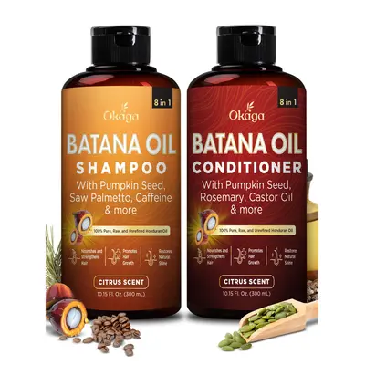 Okaga Shower Set - Batana Oil Shampoo & Conditioner - 8 in 1 Organic Hair & Scalp Care - Hair Growth, Moisturizing, Anti Frizz, Strengthening- (2 x 300 mL)