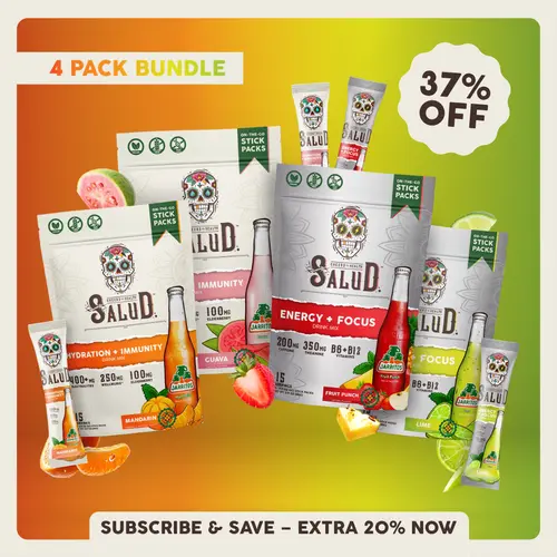 Salud x Jarritos 2-in-1 [Daily Wellness All-In-One] Agua Fresca Drink Mix Variety Pack, Energy + Focus & Hydration + Immunity, Organic Caffeine, Electrolytes, Elderberry, Non-GMO, Vegan (4-Pack, 60 Servings)