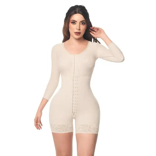 Mid Thigh Bodysuit With Bra • Long Sleeves • 3 Compression Hook Levels • Perineal Zipper • Beige (O-093)