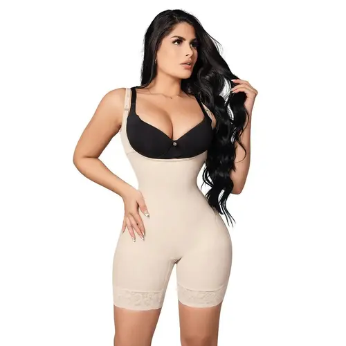 Seamless • Open Bust Bodysuit Mid Thigh • Straps • Beige • Black ( Ref. C-040 / C-044 )