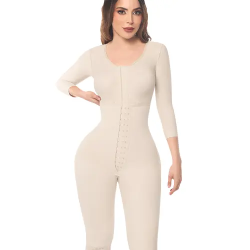 Knee Length Bodysuit With Bra • Long Sleeves • 3 Compression Hook Levels • Perineal Zipper • Beige (O-103)