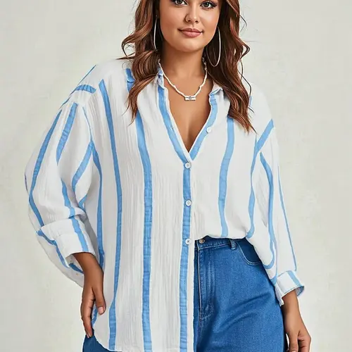 [Plus Size] Women's Striped Print Shirt, Button Up Long Sleeve Collared Blouse Shirts Womenswear for Spring & Fall, Casual Fashion Top for Daily Wear
