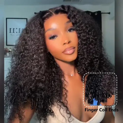 UNice No Slip Burmese Curly Bangs Wig  and Finger Coil Ends Glueless 7x5 HD Lace Closure Human Hair Wig Pre-Bleached Pre-Plucked Natural Scalp Beginner-Friendly Natural Looking,sohochic