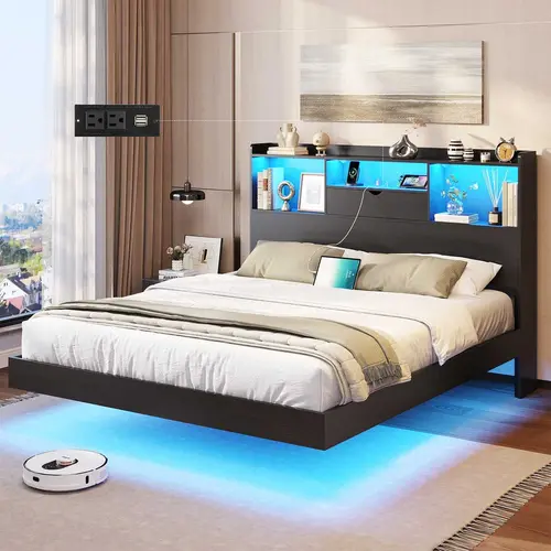 Sikaic Queen Floating Bed Frame with LED Lights and Storage Headboard, Visual Floating Bed with Charing Station, Queen Size Metal Platform Bed with Stable Structure, No Box Spring Needed, Home Furniture Christmas Gifts [SohoChic]