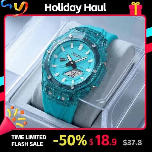 SKMEI Men's Electronic Watch Set - Transparent Case, Dual Display, 50M Water Resist, LED Luminous, Fashionable Party Watch, Alarm, Stopwatch, World Time, Sports & Casual, Color Accessories, Couple-Friendly Fashion Accessory, Luminous Fashionable Watch, Me