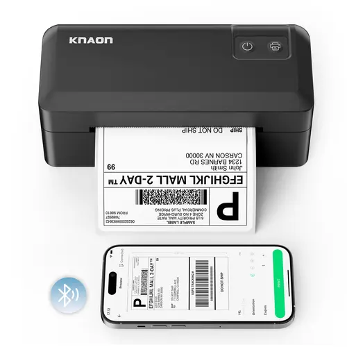 KNAON Portable Bluetooth Thermal Shipping Label Printer (Black + 500pcs Label Paper + Holder), Compatible with Smartphone & PC & Laptop (iOS/Android, Windows, Mac) for Amazon, USPS, Shopify