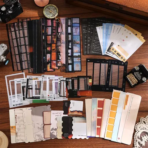 Vintage Movie Vibe Colorful Scrapbooking Stickers Pack - 100 Pieces, 3 Unique Materials, Film Roll/Photo Frame/Notepad Designs, No Battery Needed Scrapbook Supplies for Planner Lovers' DIY Projects, Versatile and Fun to Enhance Projects, Retro