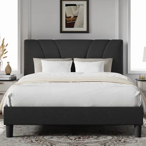 Modern Upholstered Piano-Key Style Platform Bed Frame - Wood Storage Bed Design, Full/Queen/King Size Fit, Adjustable Headboard, Strong Weight Capacity, No Box Spring Needed, Easy Setup & Assembly, Platform Bed Design, Queen Size Bed Frame