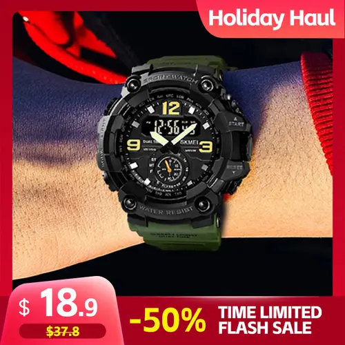 SKMEI Men's Sports Watch, Round Analog-Digital Display with LED Light, 3 Time Modes, Stopwatch, Alarm, Date & Week, PU Band, 5ATM Waterproof for Daily Wear & Outdoor Use, Luminous Dial Fashionable Stylish Durable Round Face Rugged Look Watch