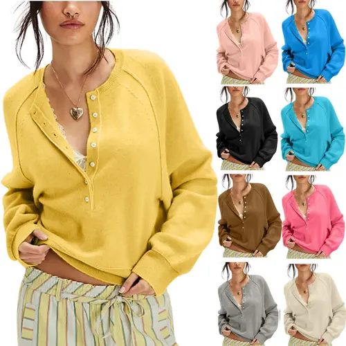SCUSTY Womens Long Sleeve Knitting Sweater Tops Half Button Sweaters Henley Neckline Casual Lightweight Solid Pullover Knitting Comfortable Soft Womenswear SohoChic