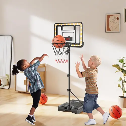 Kids Indoor Basketball Stand - 2.98ft-5.8ft Height-Adjustable, Compact Weatherproof Base, Timer, Voice Cheers, Boosts Confidence, 12 Months Durable Portable Boy's Toy Gift for Dribbling, Sports & Outdoor Play, Kids Toys, Teamwork