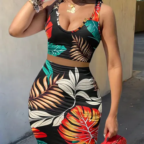 Two-Piece Women's Stylish Elegant Chic Floral Leaf Print Slim Fit Sleeveless Summer Top & Skirt Set for Daily Outings, Casual Summer Set, Womenswear Summer Outfit Set