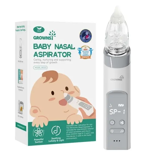 Growsy Electric Nasal Aspirator for Babies & Toddlers - Gentle Nose Sucker with 3 Soft Silicone Tips Adjustable Suction Soothing Music & Light Safe Easy Automatic Mucus Removal