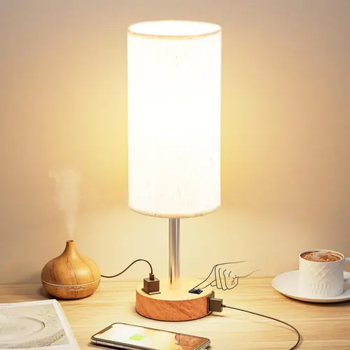 Hoodink 3-Way Dimmable Touch Bedside Table Lamp - LED Only, USB-C Charging Ports, AC Outlet, Small Wood/Silver Base, Round Flaxen Fabric Shade, LED Bulb Included (40W Max) | House Decor, Lights for Bedroom, Ambient Lighting