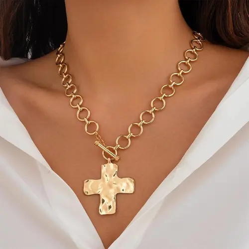 Loyalove Gold Chunky Cross Necklace for Women Statement Cross Pendant Necklace Layered Hammered Bold Cross Necklace Vintage Toggle Clasp Necklace Jewelry For Easter Gift