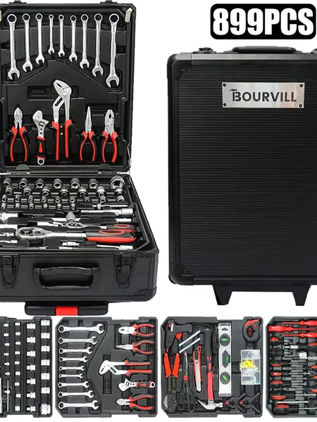Bourvill 899-Piece Tool Set - High-Capacity Portable Metal Tool Case,Wheeled Mobile Tool Cabinet, and 4-Tier Aluminum Alloy Storage Unit- A Complete Kit for Mechanical Repair & Home Maintenance