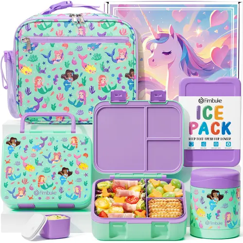 Fimibuke Durable Bento Lunch Box Tableware Set - 32oz 3-Compartment Snack Container, Insulated Lunch Box Cooler, 12oz Leakproof Food Jar, Ice Pack - Back to School Haul for Kids, On-the-Go Meals