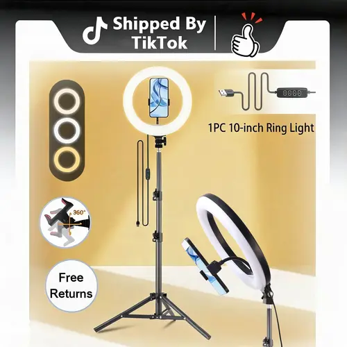 10"Ring Lights with Stand, Video Light Tripod for Phone, With 43.3"Tripod/2 Phone Clips/1 USB Ports, 2600K-6500K Color Temperature, for Makeup TikTok Video Recording Vlog, Selfie Photography（Not suitable for tattooing or haircuts）#ring light shade