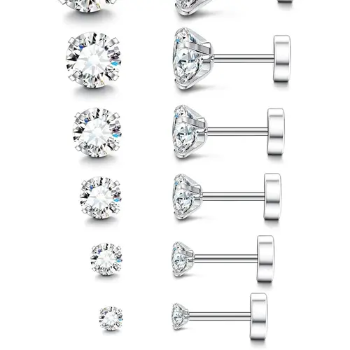 20g Hypoallergenic Flat Back Earrings Ear Studs for Women Men Silver Color Surgical Steel Stud Earrings, Cubic Zirconia Cartilage Jewelry for Sensitive Ears Hypoallergenic CZ Earrings, Flatback Stud Earrings, Earrings With Flat Backs
