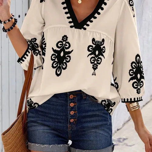 Women's Plus Size Boho Embroidered Blouse, V Neck 3/4 Sleeve, Loose Fit, Summer Casual Tops, Clothing
