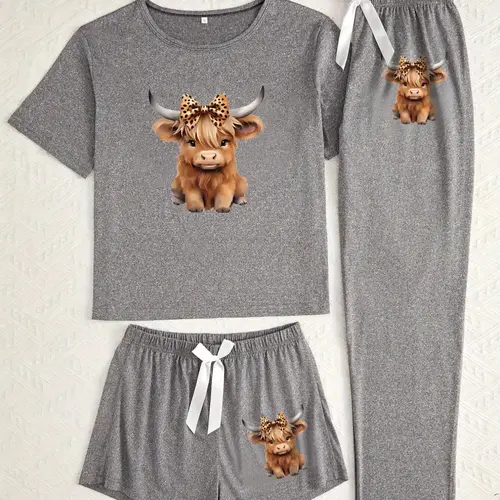 Cartoon Highland Cow Print Women's Pajama Sets, Casual Pajamas Set, Casual Comfy Pajama, Matching Pyjamas, Casual All Seasons Nightwear, Fitted Knitted Fabric Sleepwear & Loungewear