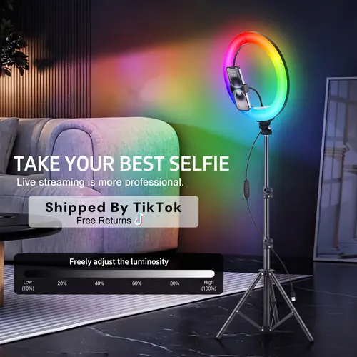 【Flash Sale】12" RGB portable video light with 43.3" Tripod Stand & 2 Phone Holder, LED Ring lights with Multiple RGB Colors Modes and 3 Brightness Dimmable for Makeup/Photography/Videos/Vlog/TikTok ring light glow content#ring light shade