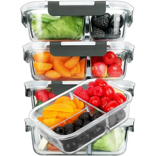 5-Pack Rectangular Borosilicate Glass Meal Prep Containers (36 oz, 8in×6.5in×3in) - Crystal-Clear, Stackable Airtight Leak-Proof Lids, Airtight Food Storage, Kitchen Accessories, Healthy Meals Prep, Dishwasher-Microwave-Oven-Freezer Safe
