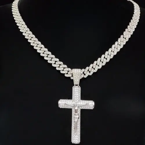 1Piece  Women Men Hiphop Cross and Jesus Shape Pendant Necklace Punk Vintage Hip Hop Iced Out Jewelry Bling Bling Necklace Is Perfect For Party Or Everyday Lovers' Gifts Cuban Cross Necklace, Bling Chain Cross Design Necklace