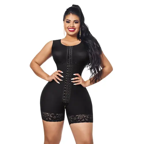 Mid Thigh Bodysuit With Bra • 3 Compression Hook Levels • Perineal Zipper • Black (One size for Hips and another for Waist) (LUX-293)