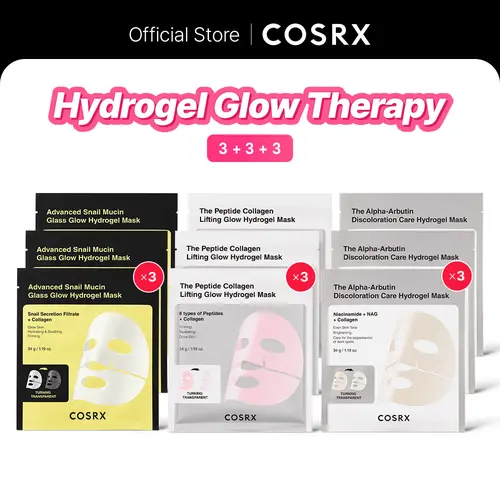 [COSRX Official] Hydrogel Glow Therapy (3x3x3) | Peptide Hydrogel Mask, Snail Mucin Hydrogel Mask, Alpha-Arbutin Hydrogel Mask, Brighten, Lift, Firm and Soothe