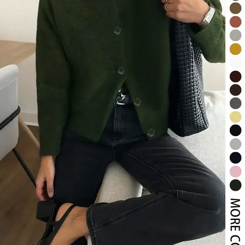 Autumn Winter Women's Casual Knit Cardigan, Elegant Vintage Round Neck Fitted Sweater, Simple Lazy Basic Style, Long Sleeve Pullover Knitwear