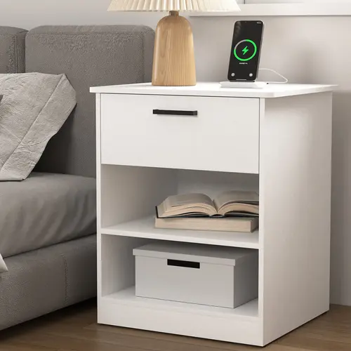Spaco Modern Wooden Nightstand - Assembled Particle Board Bedside Table, 2 Open Shelves, 1 Full-Open Drawer, Dual Device Ports, Cable Management, Kidsafe Corners Pedestal Accent Table for Bedroom, Charging Station