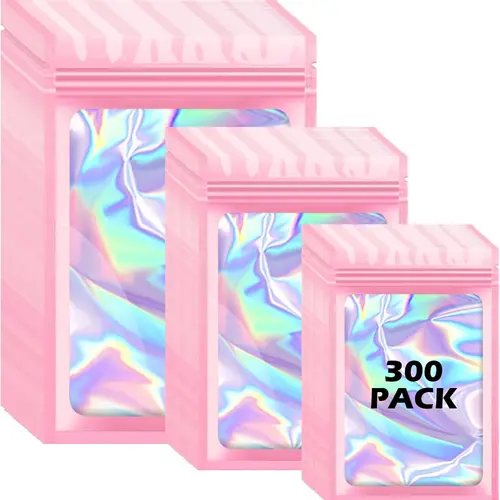 300 Pcs 3-Size Pink Reflective Holographic Aluminium Mylar Self-Seal Storage Bags - Durable Plastic, Portable Storage Organizers, Home Organizer Snack Pouches with Window Foil, 4.7x7.9in Jewelry Bags, 300 Pcs 3Size Pink