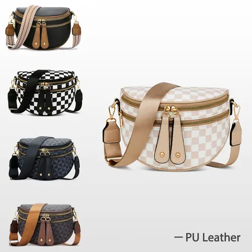 KKXIU Crossbody Sling Bag for Women Trendy Fanny Pack Vegan Leather Chest Bag Checkered Bum Bags for Women Crossbody, Large Fanny Pack Checkered Purse Oversized Slouchy Belt Bag Shoulder Strap Casual Outings Travel Spring