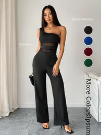 Women's single shoulder off-shoulder sheer mesh wide-leg jumpsuit, high-waisted mesh patchwork jumpsuit, sexy party jumpsuit - slimming jumpsuit & mature lady style, suitable for spring, summer, autumn, formal banquet occasions/commuting/dating