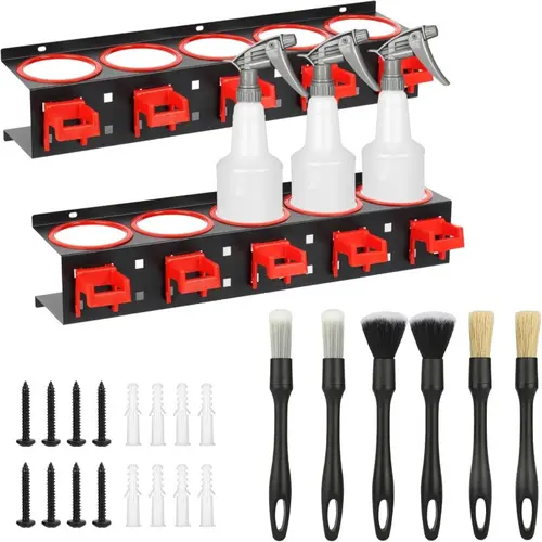 DEXH 5-Hole Metal Spray Bottle Rack, Hangable Wall-Mount Garage Organizer with Hanger, 2-Piece Portable Organizer Stowing & Tidying for Car Interior & Easy Organized Setup Installation Garage Storage System