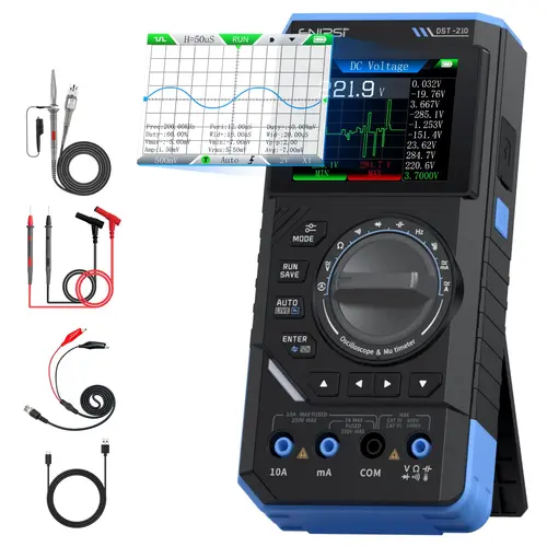 FNIRSI DST-210 Series 3-in-1 Portable Electrical Measuring Tool - DST-210 & DST-201 Digital Smart Multimeter, 10MHz Oscilloscope, Signal Source, 2.8-Inch Color TFT Screen, Waveform Export, 400V Max, 19999-Count, 3000mAh for Electricians, Multimeter Tester