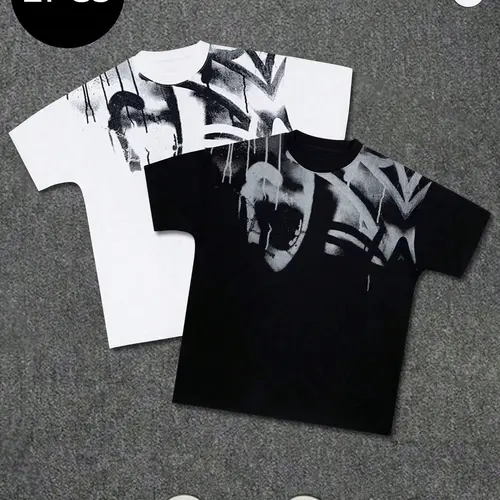 2 piece set Men's summer niche graffiti hip hop style short sleeved T shirt, summer trend high street street style versatile sports and casual loose fitting clothes
