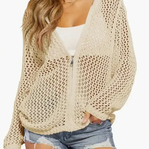 Women's Knitted Open Front Cardigan Coat with Long Sleeves and Zipper, Classic Hollow Design, Mesh V Neck, Loose and Comfortable Casual Wear, Casual Fashion Knitwear, Casual Chic Knitwear for Spring and Summer