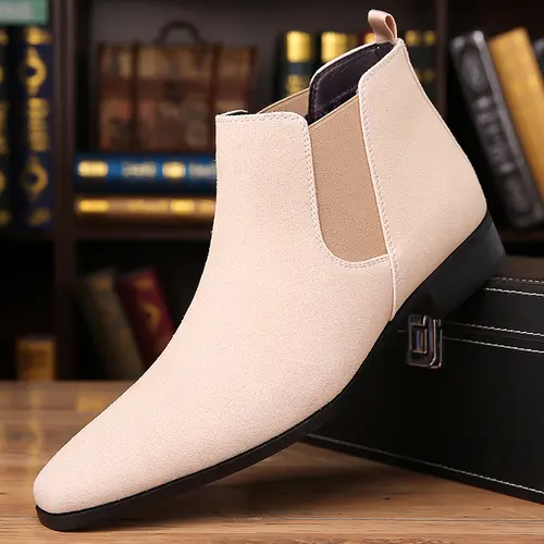 Men's Chelsea Boots - Slip-On Kitten Heel Shoes with PU Upper, Mid-Calf, Waterproof, PU-Rubber Sole, Elastic Laces, All Seasons Breathable Daily Matching Closed-Toe Casual Business Footwear (Black, Brown, Cream)