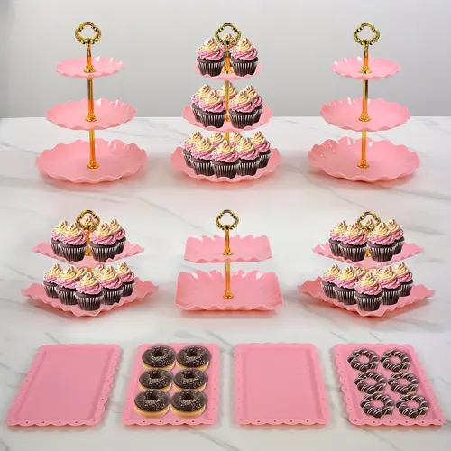 Sebastian CADIA Plastic 10pcs Cupcake Display Set - 3 Double-Tier Holders, 3 Triple-Tier Holders, 4 Appetizer Trays - Pink Party Cake Decorating Supplies for Birthdays, Bridal Showers