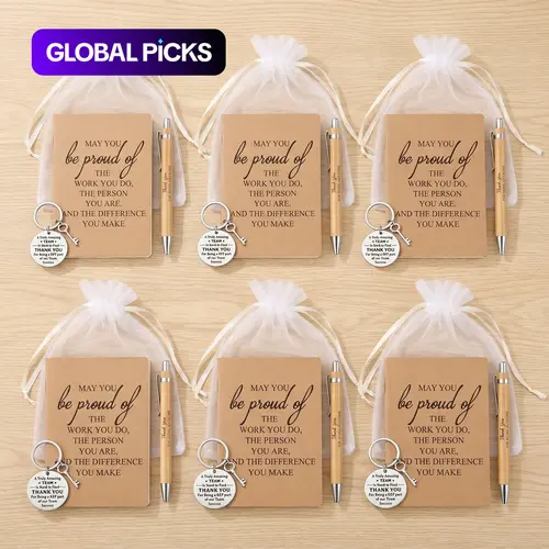 6-Set Inspirational Motivational Positive Gift Set with Keychains, Keyrings and Bamboo Retractable Pens, Ideal for Employees and Volunteers, Volunteer Appreciation Gift, Thanksgiving and Christmas Gifts, Team #GLOBAL PICKS