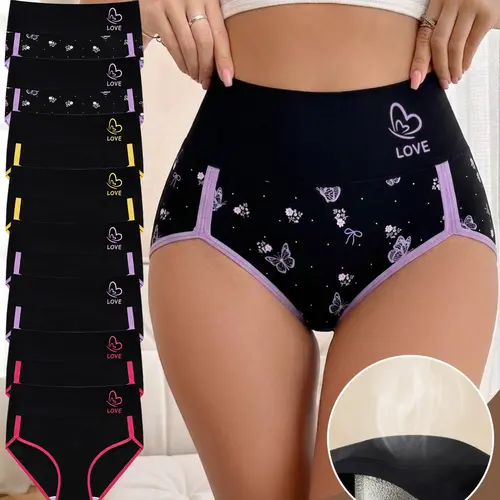 8-Pack Mei Yating High-Waisted Triangle Underwear Panties, High Rise Panties, S-Xxl, Colorblock Trim, Love Print, Soft Breathable, Stretchy, Curvy Fit, Casual Daily Wear
